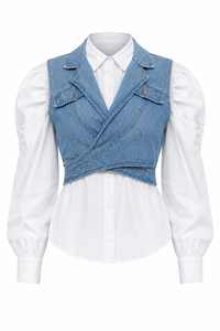 Two-Piece Denim Vest & Puff Sleeve Shirt Set for Women