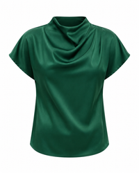 Women’s Pleated Satin Top – Round Neck Short Sleeve Blouse