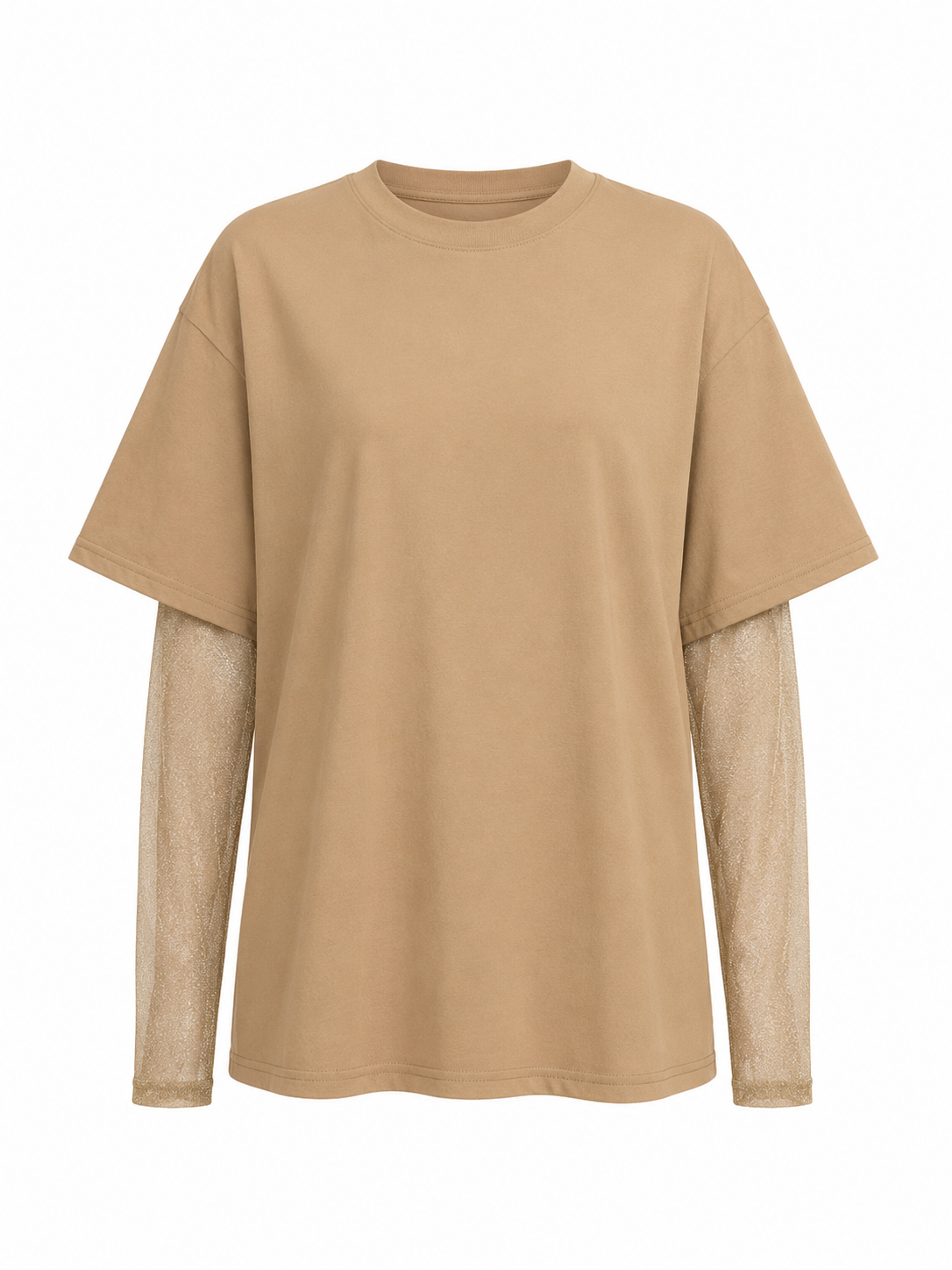 Faux Layered Round Neck Mesh Sleeve Top