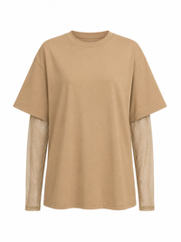 Faux Layered Round Neck Mesh Sleeve Top