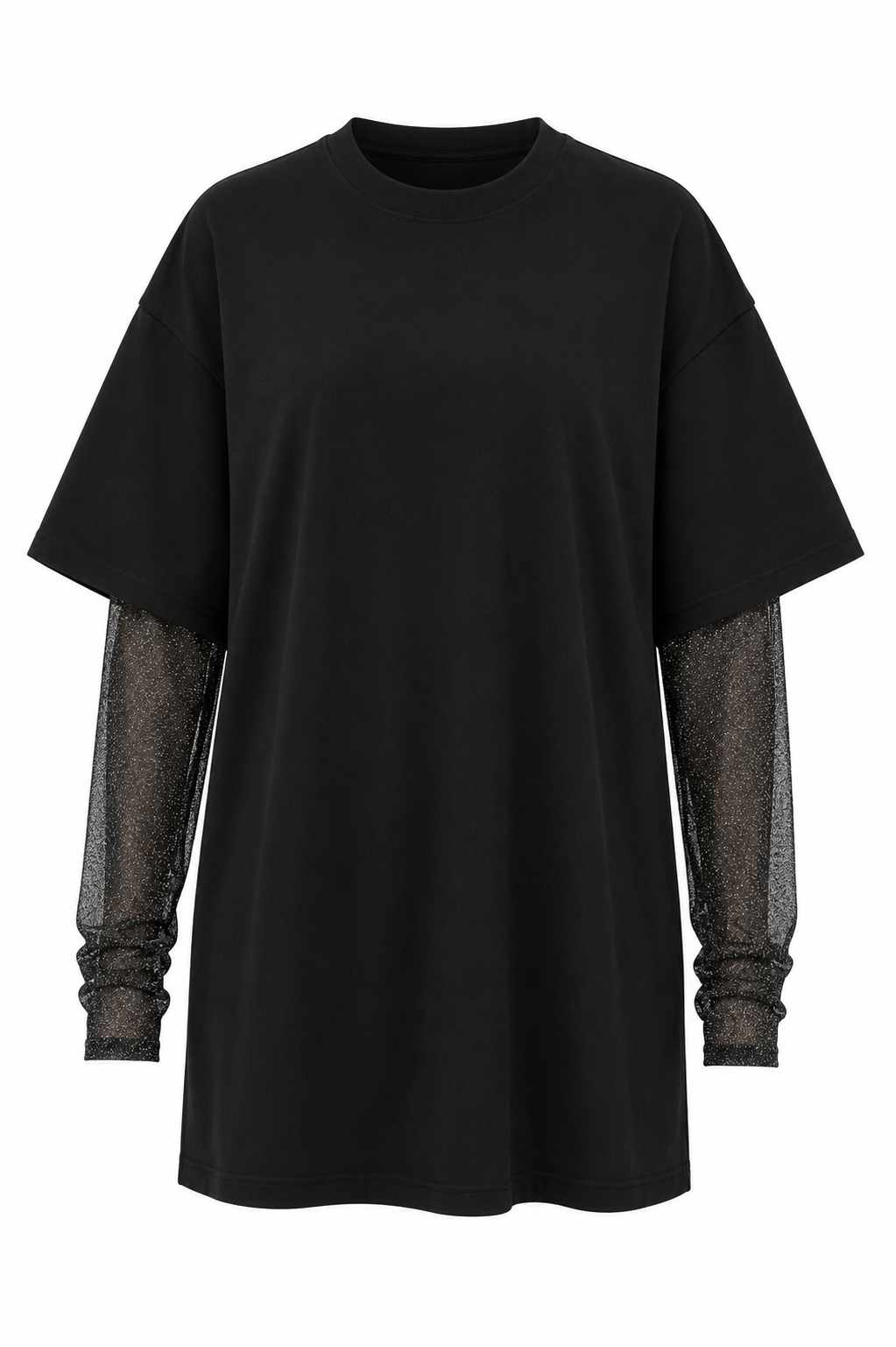 Faux Layered Round Neck Mesh Sleeve Top
