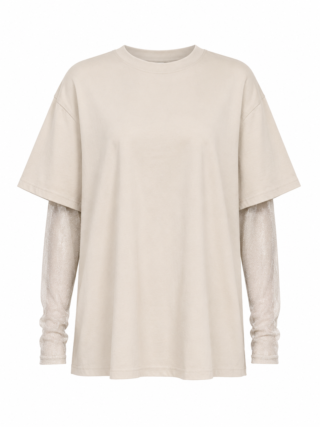 Faux Layered Round Neck Mesh Sleeve Top
