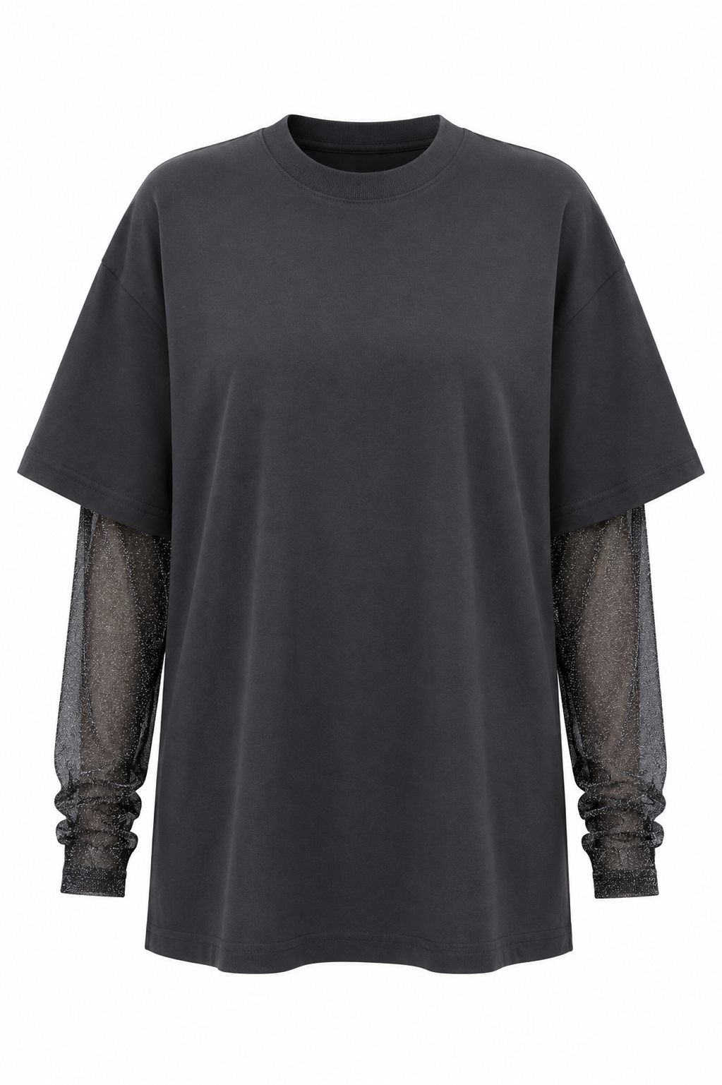 Faux Layered Round Neck Mesh Sleeve Top