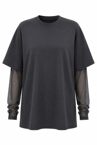 Faux Layered Round Neck Mesh Sleeve Top