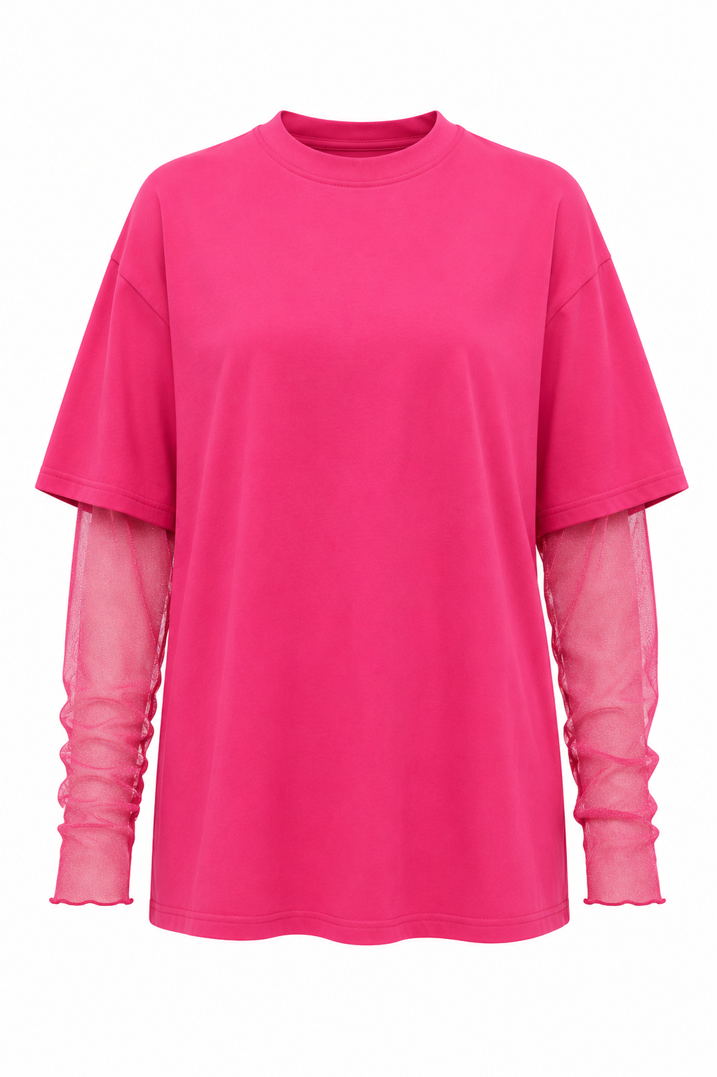 Faux Layered Round Neck Mesh Sleeve Top