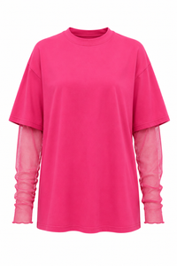 Faux Layered Round Neck Mesh Sleeve Top