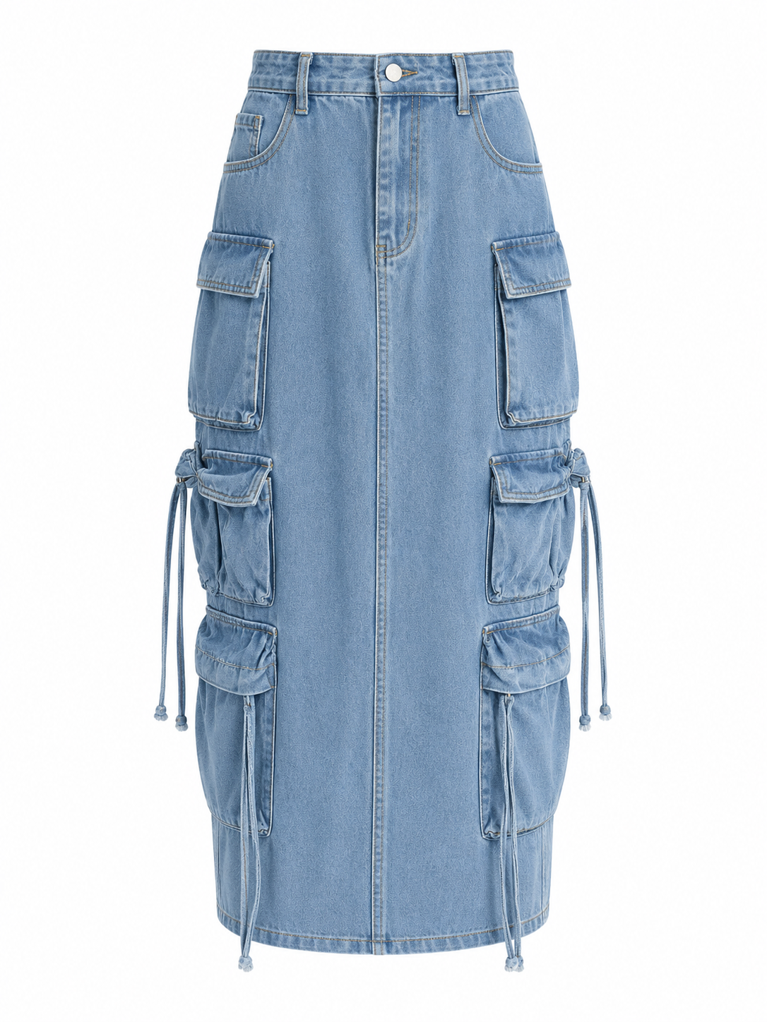 Distressed Retro Washed Denim Skirt – High Waist Multi-Pocket