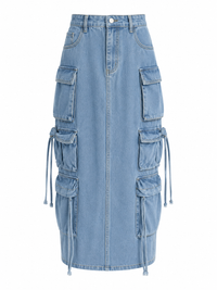 Distressed Retro Washed Denim Skirt – High Waist Multi-Pocket