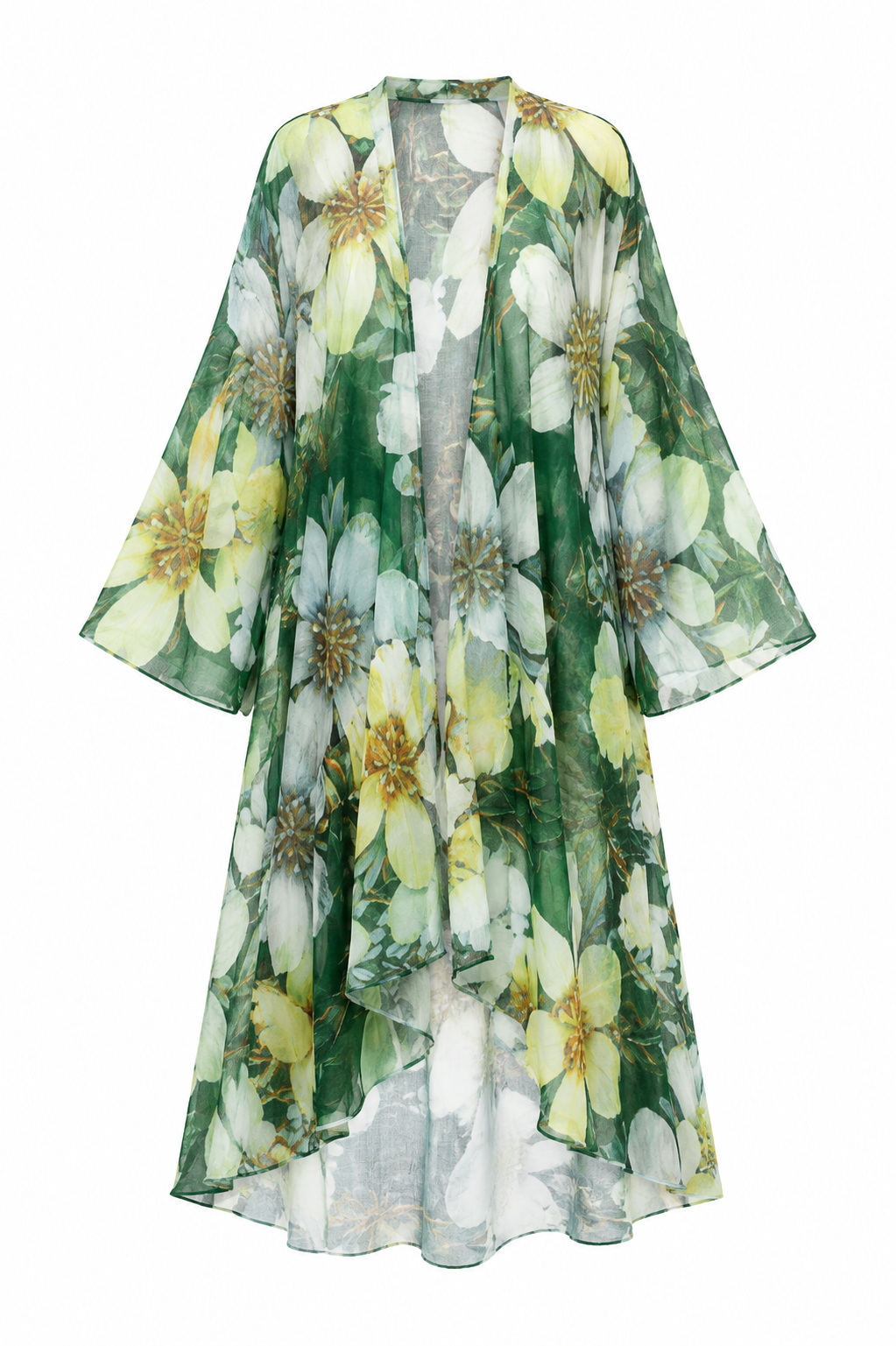 Printed Kimono with Lantern Sleeves & Asymmetric Hem