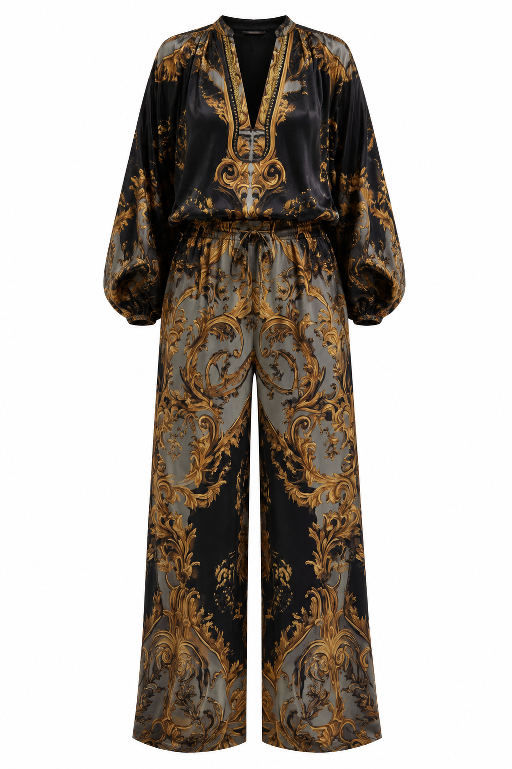 Spring Resort-Style V-Neck Korean Print Pant Set