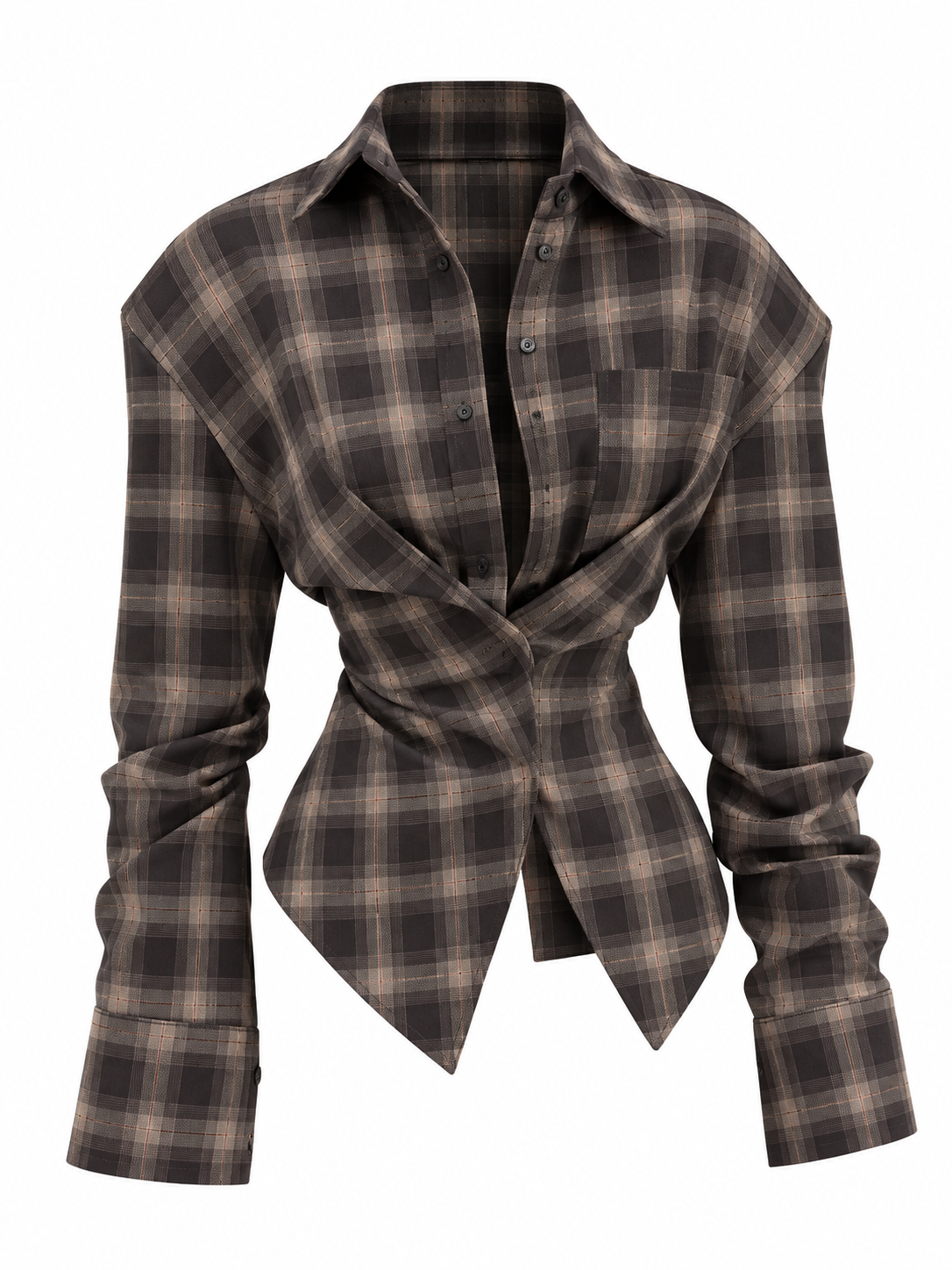 Ruched Plaid Long Sleeve Shirt