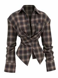 Ruched Plaid Long Sleeve Shirt
