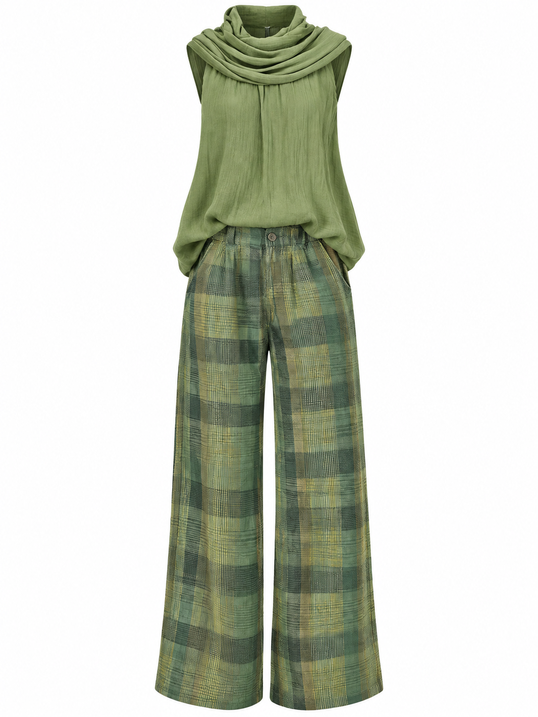 Sleeveless Cowl Neck Top and Plaid Wide-Leg Pant Set