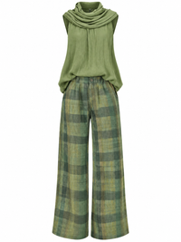 Sleeveless Cowl Neck Top and Plaid Wide-Leg Pant Set