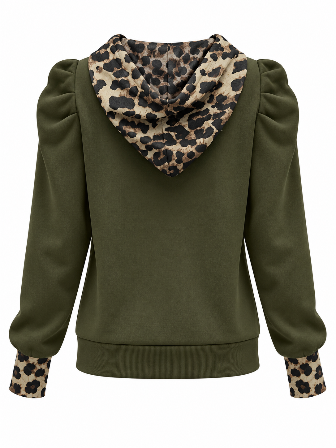 Drawstring Leopard Puff Sleeve Hoodie