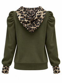 Drawstring Leopard Puff Sleeve Hoodie
