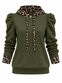 Drawstring Leopard Puff Sleeve Hoodie