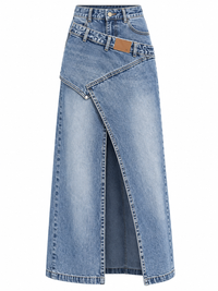 High-Waisted Asymmetric Slit Denim Maxi Skirt
