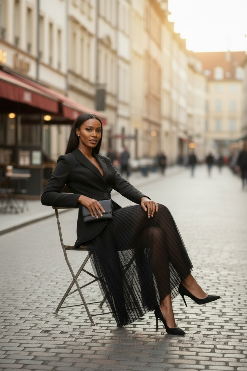 Black Two-Piece Skirt Set – Elegant Mesh Pleated Spring Outfit - Modestly Vogue 
