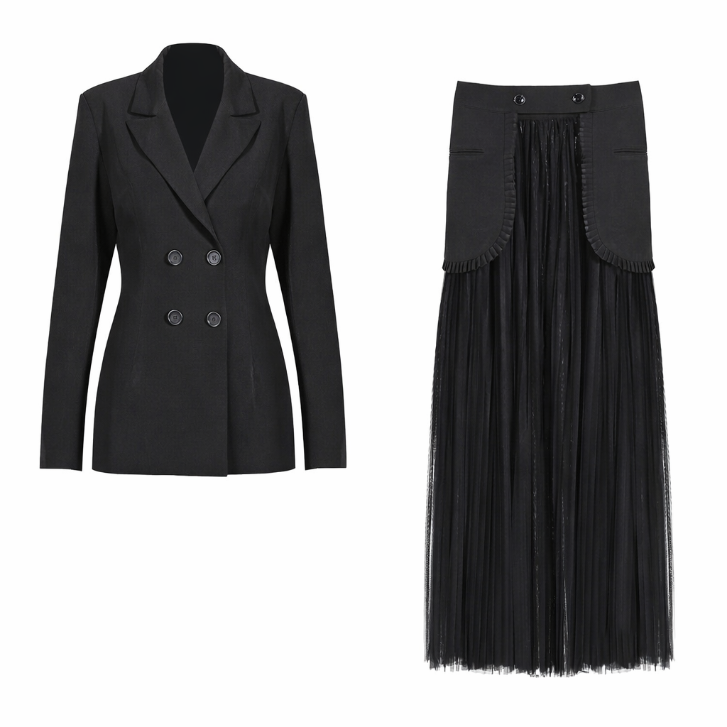 Black Two-Piece Skirt Set – Elegant Mesh Pleated Spring Outfit - Modestly Vogue 
