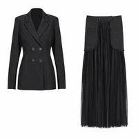 Black Two-Piece Skirt Set – Elegant Mesh Pleated Spring Outfit - Modestly Vogue 