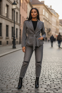 Grey Washed Denim Belted Blazer Two-Piece Set – Casual Streetwear - Modestly Vogue 