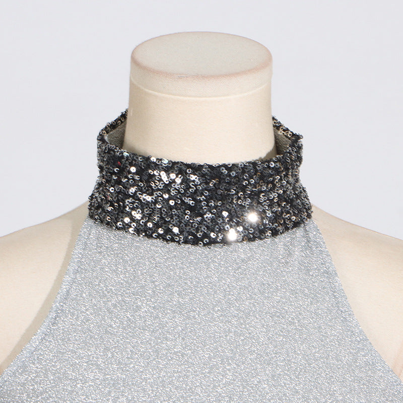 Halter Knitted Sequin Collar High Neck Tank Top - Modestly Vogue 