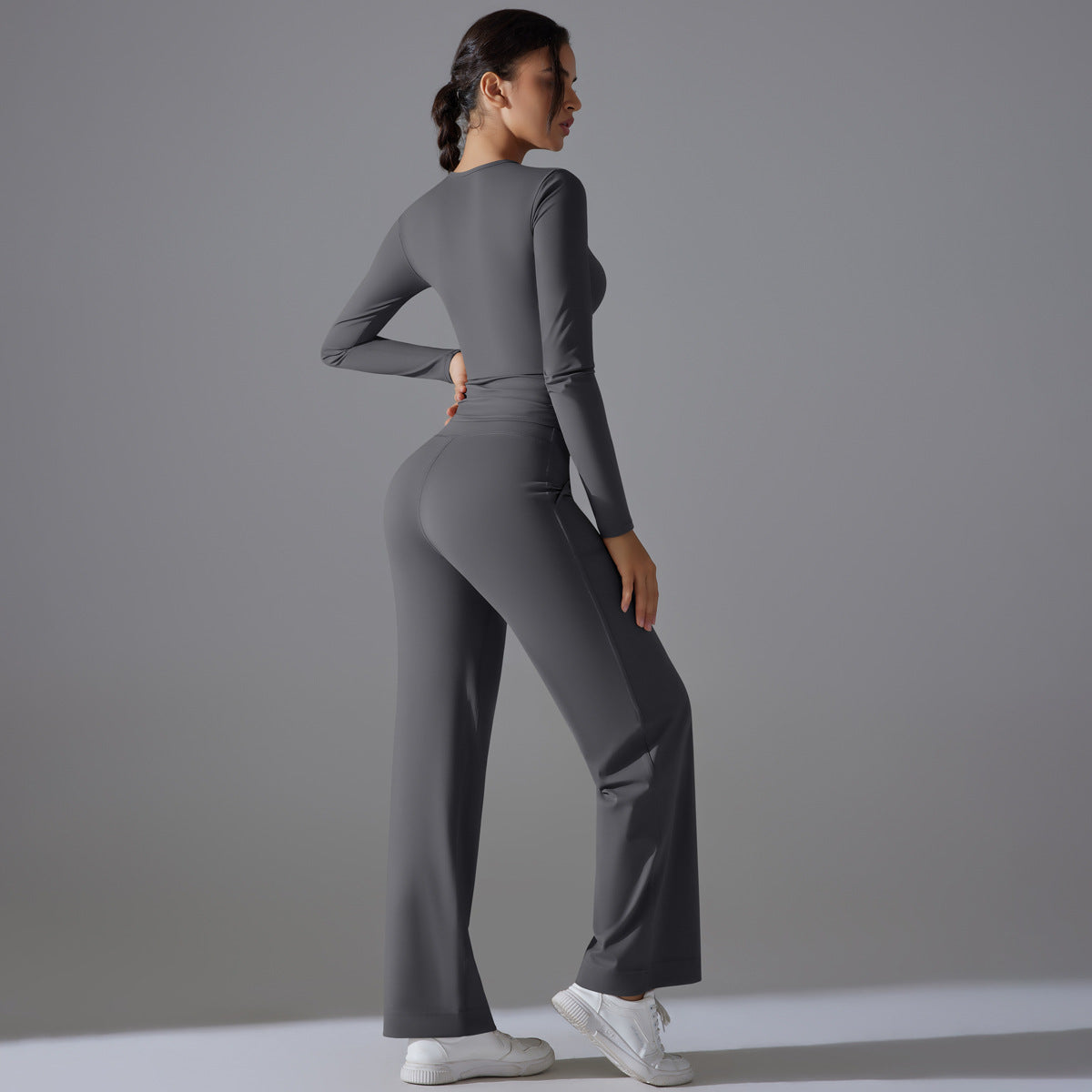 Nude Feel Skin Long Sleeve Yoga Workout Clothes Pocket Running Sports Drawstring Wide Leg Pants Sets - Modestly Vogue 