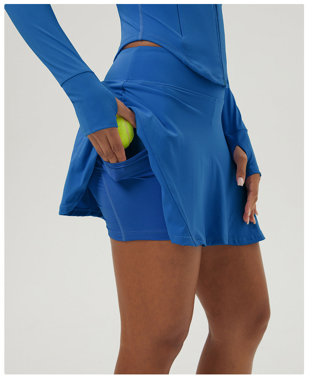 Sports Tennis Skirt Set Pocket Zipper Jacket High Elastic Casual Culottes Two Piece Set - Modestly Vogue 