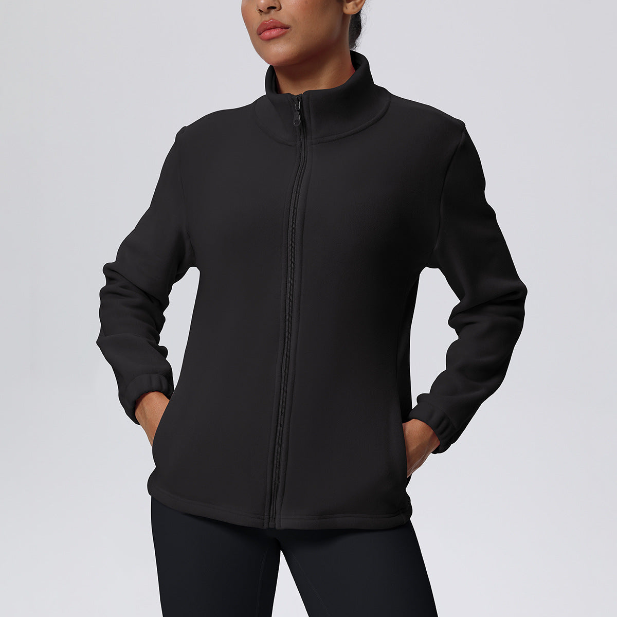 High Collar Warm Fleece Lined Zipped Sports Coat Loose Yoga Clothes Casual All Matching Women