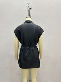 Collar Leather High Grade Sleeveless Lace up Waist Double Pocket Velvet Vest Jacket Coat - Modestly Vogue 