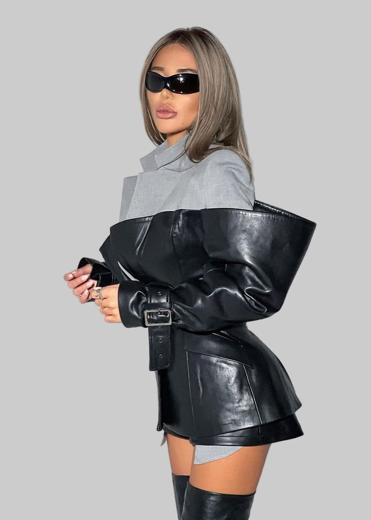 Women’s Faux Leather Stitching Blazer – Loose Autumn Jacket