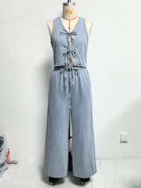 Women Spring Summer Sleeveless Lace up Vest Lace up Wide Leg Jeans Denim Set - Modestly Vogue 