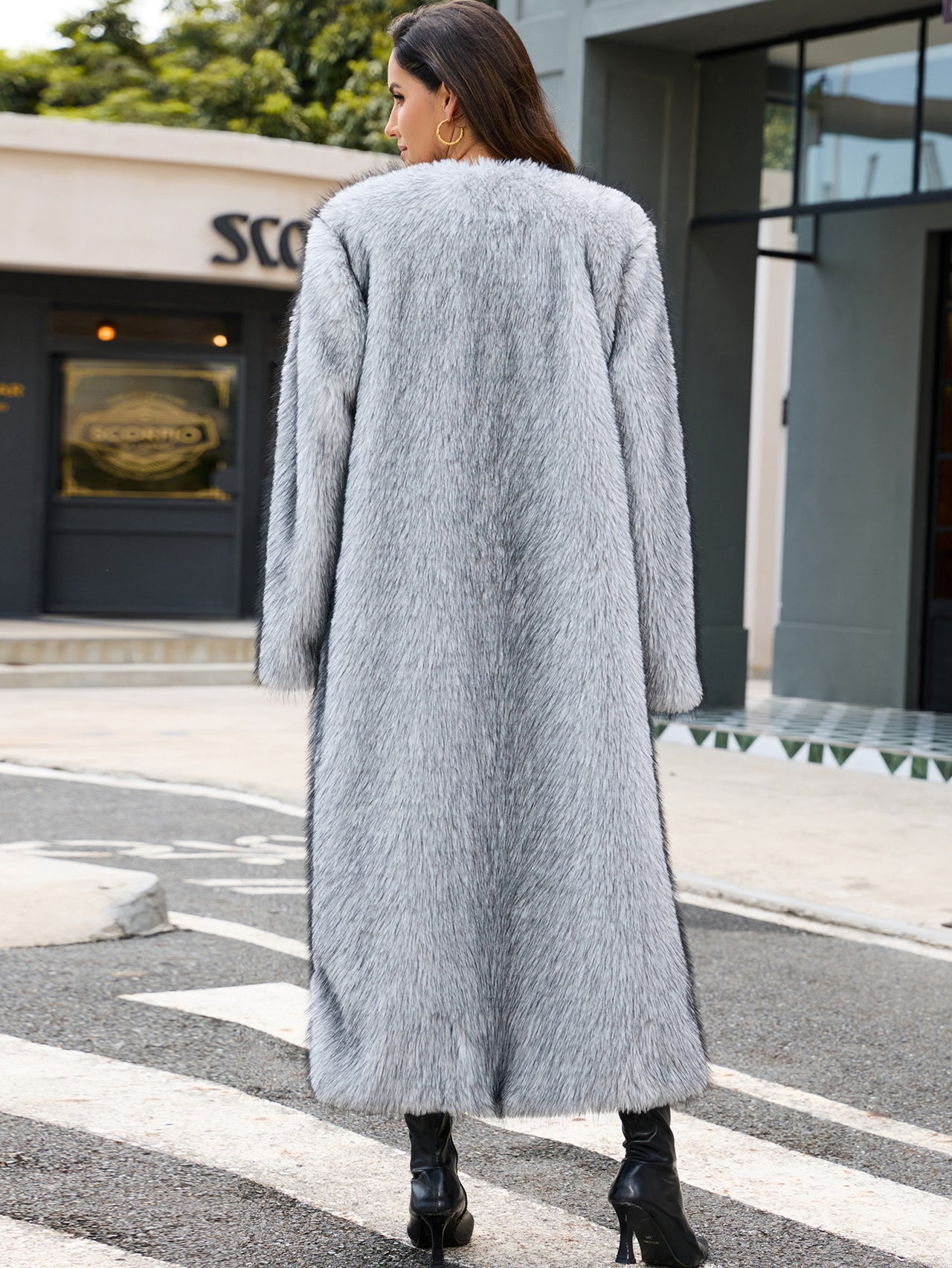 Collarless Faux Fur Coat Long Plush Coat - Modestly Vogue 