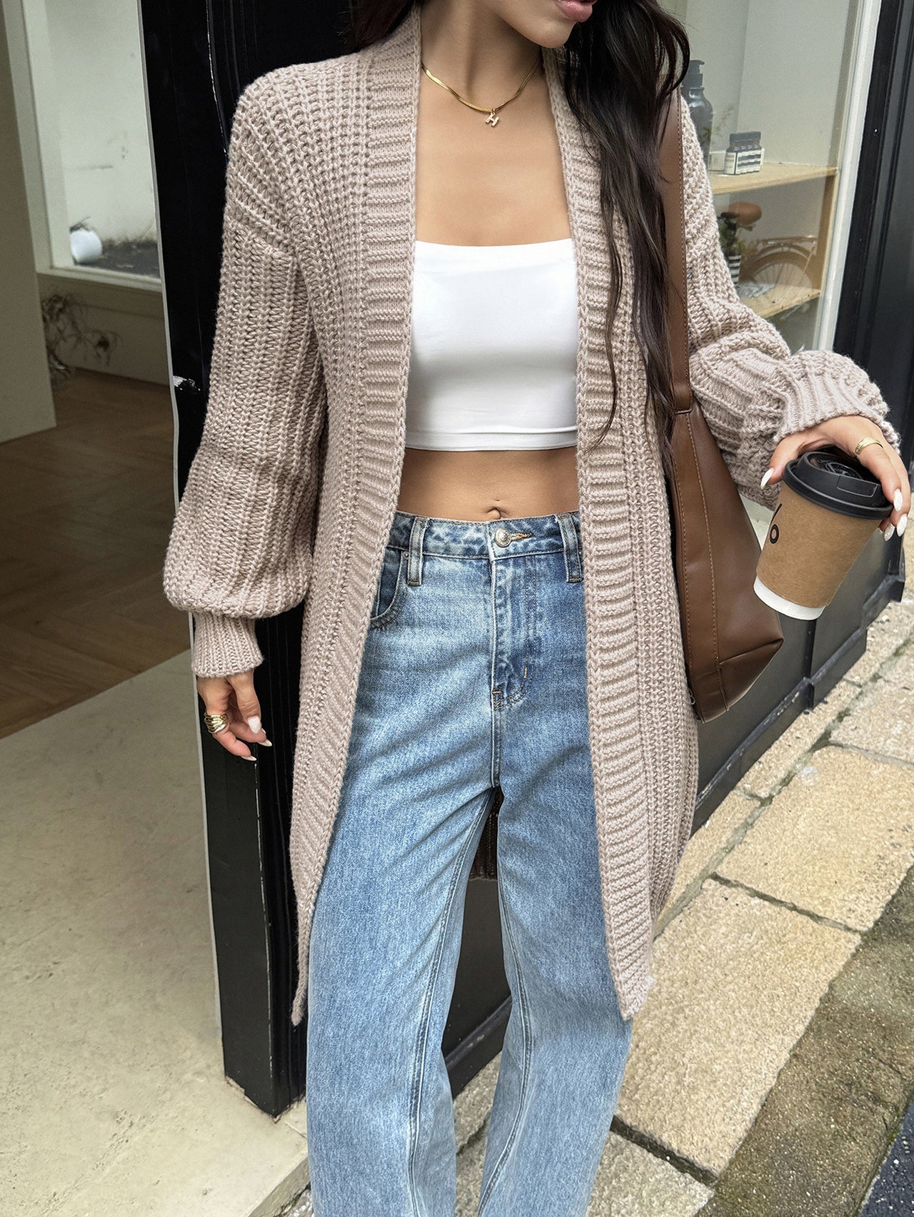 Neutral Long Cardigan Sweater - Modestly Vogue 