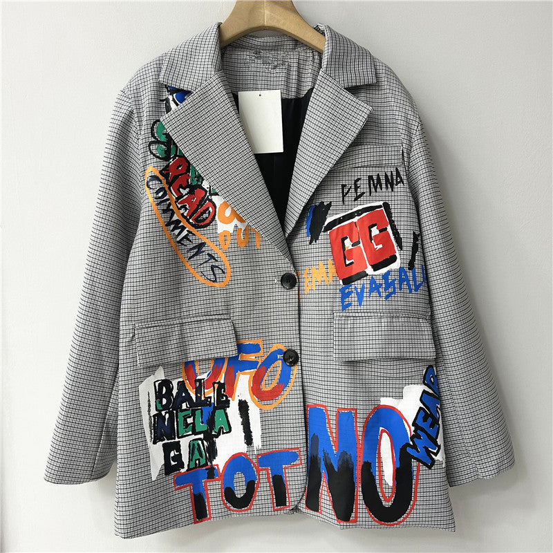 Graffiti Plaid Blazer | British Style Autumn Women’s Jacket - Modestly Vogue 