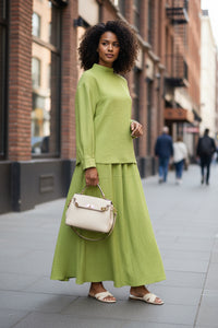 Lazy Green High Collar Loose Knitted Top Skirt Two Piece Sets - Modestly Vogue 