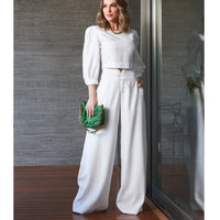Women Clothing Short Long-Sleeved Top High Waist Wide Leg Pants Two Piece Set - Modestly Vogue 