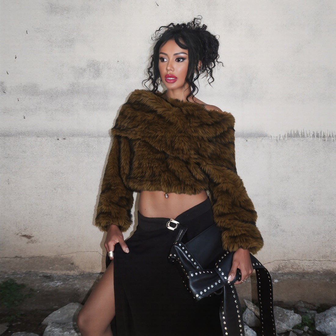 Brown Fur Cropped Of The Shoulder Loose Comfortable Plush Top - Modestly Vogue 