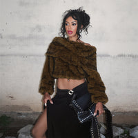 Brown Fur Cropped Of The Shoulder Loose Comfortable Plush Top - Modestly Vogue 