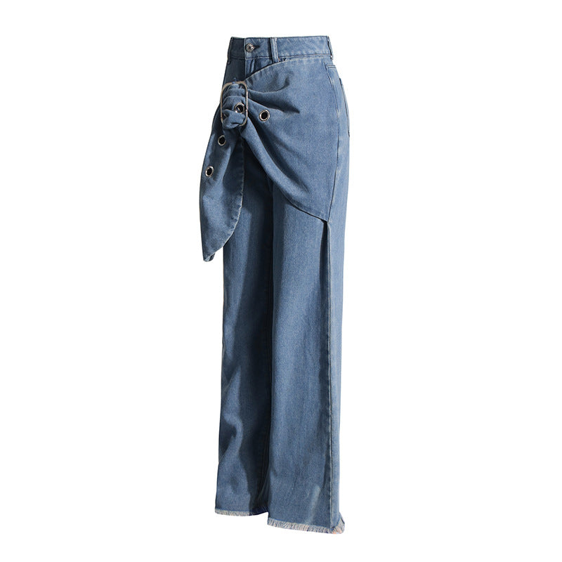 Blue Trendy Big Leaves Gold Accessories Stitching High Waist Wide Leg Jeans Women - Modestly Vogue 