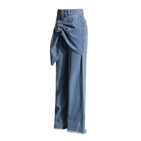 Blue Trendy Big Leaves Gold Accessories Stitching High Waist Wide Leg Jeans Women - Modestly Vogue 