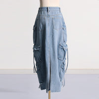 Distressed Retro Washed Denim Skirt – High Waist Multi-Pocket - Modestly Vogue 