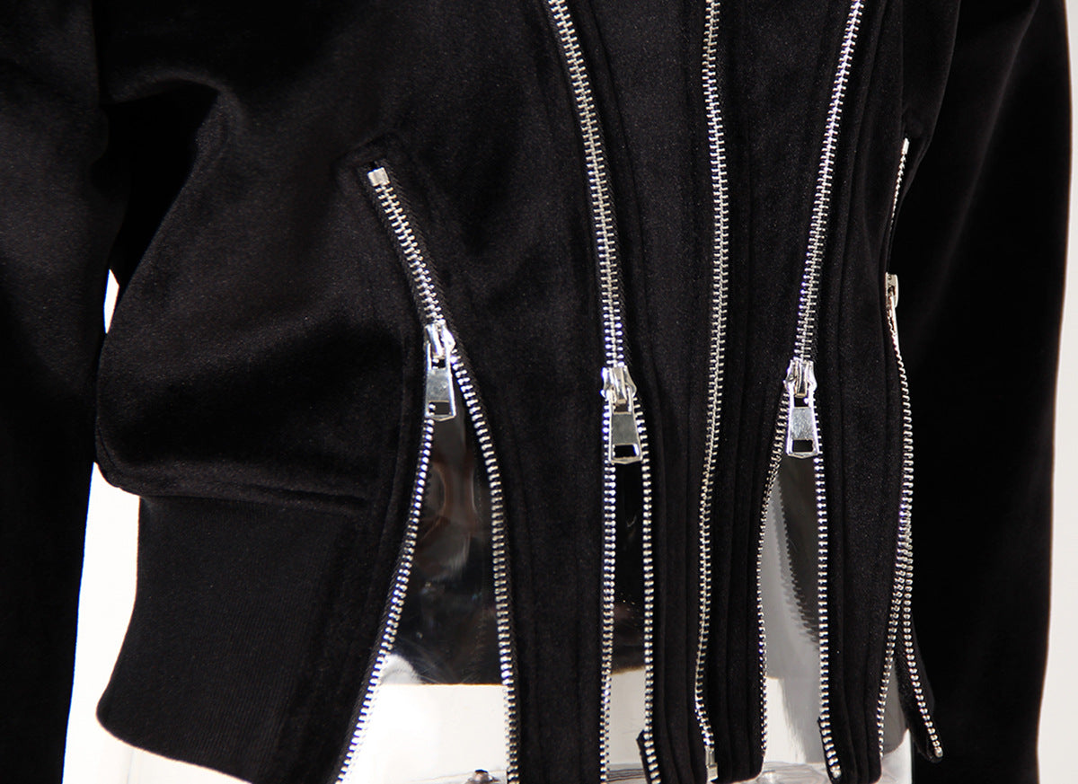 BlackVelvet Hooded for Women Autumn Thickened Composite Multi Metal Zipper Split Waist Trimming Women - Modestly Vogue 