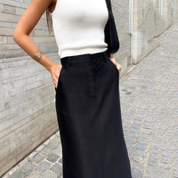 Black Cotton Silk Women Clothing Autumn Split High Waist Office Drape Skirt Skirt - Modestly Vogue 
