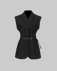 Black Blazer for Women - Simple Spring Autumn Sleeveless Belt Collared Design