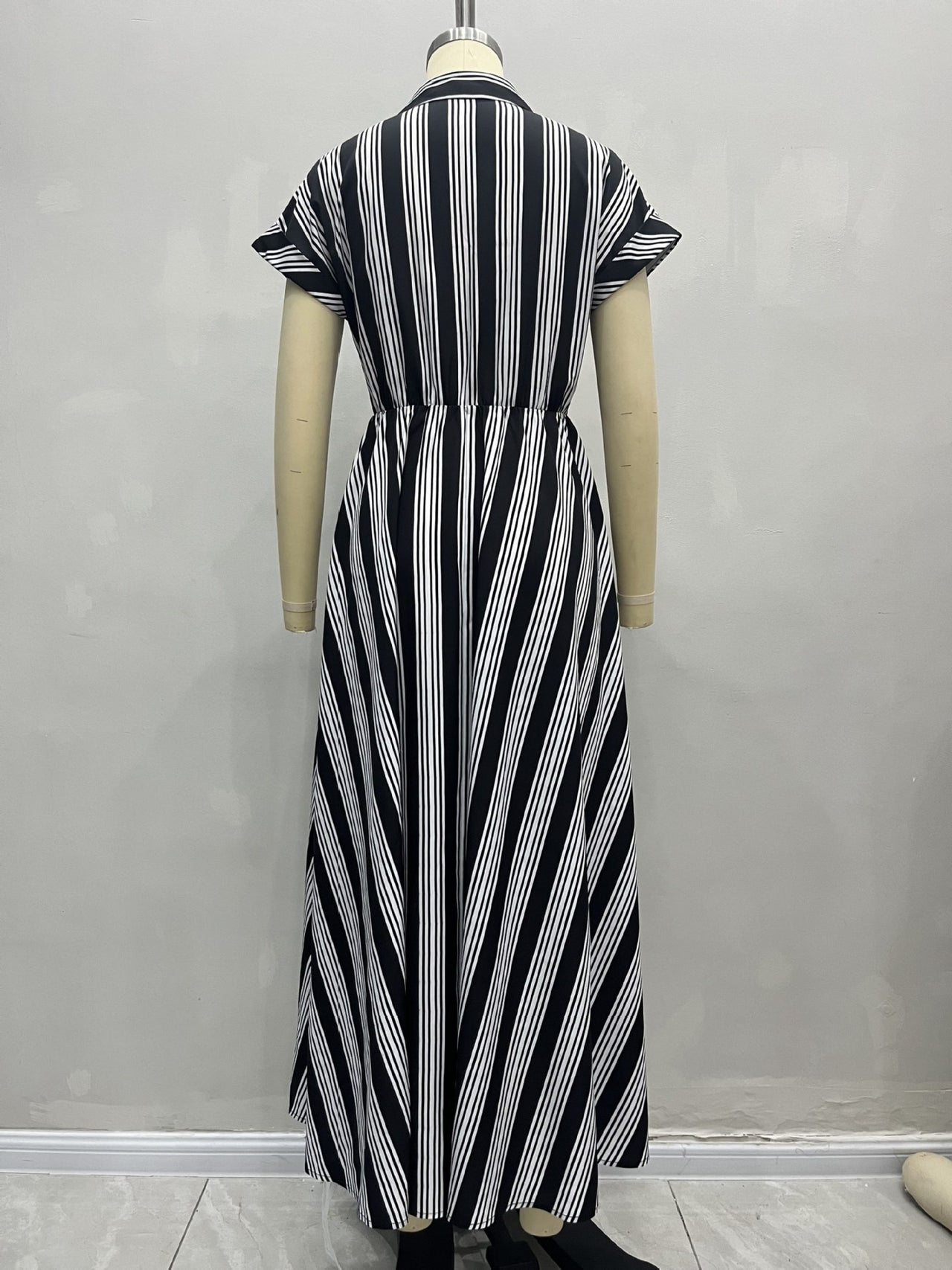 Elegant Women Clothing with Belt Short Sleeve Striped Shirt Dress - Modestly Vogue 