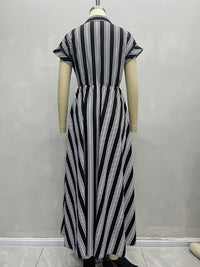 Elegant Women Clothing with Belt Short Sleeve Striped Shirt Dress - Modestly Vogue 