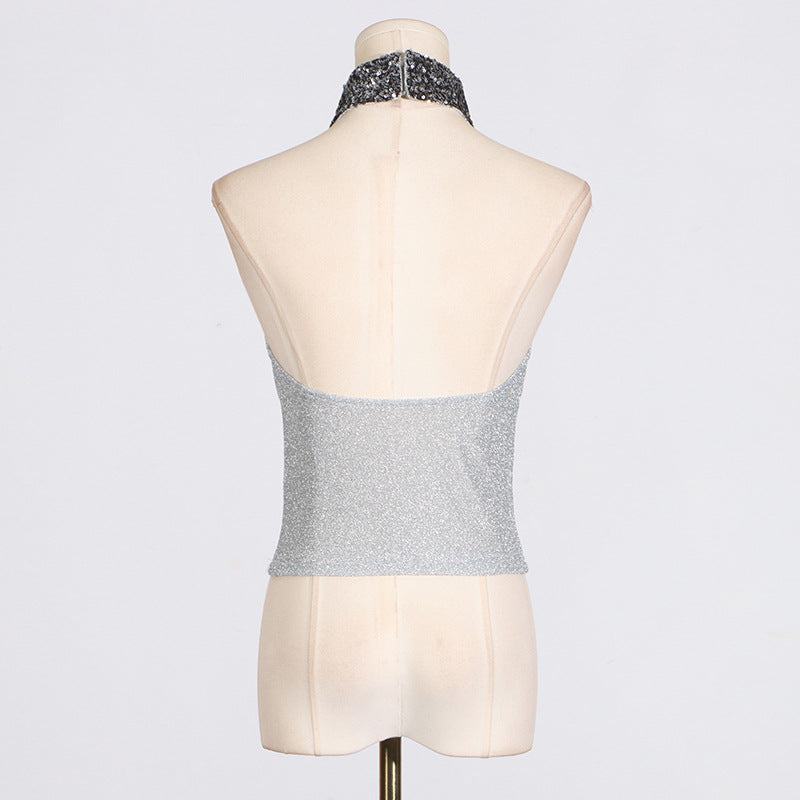 Halter Knitted Sequin Collar High Neck Tank Top - Modestly Vogue 
