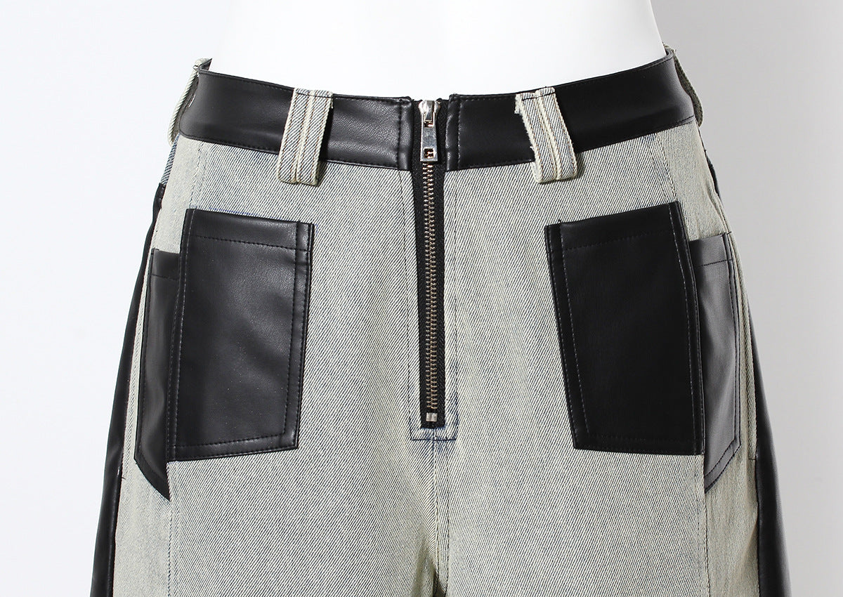 Niche Contrast Color Jeans Women Winter Thick Loose Retro Washed Stitching Contrast Color Leather Wide Leg Pants - Modestly Vogue 